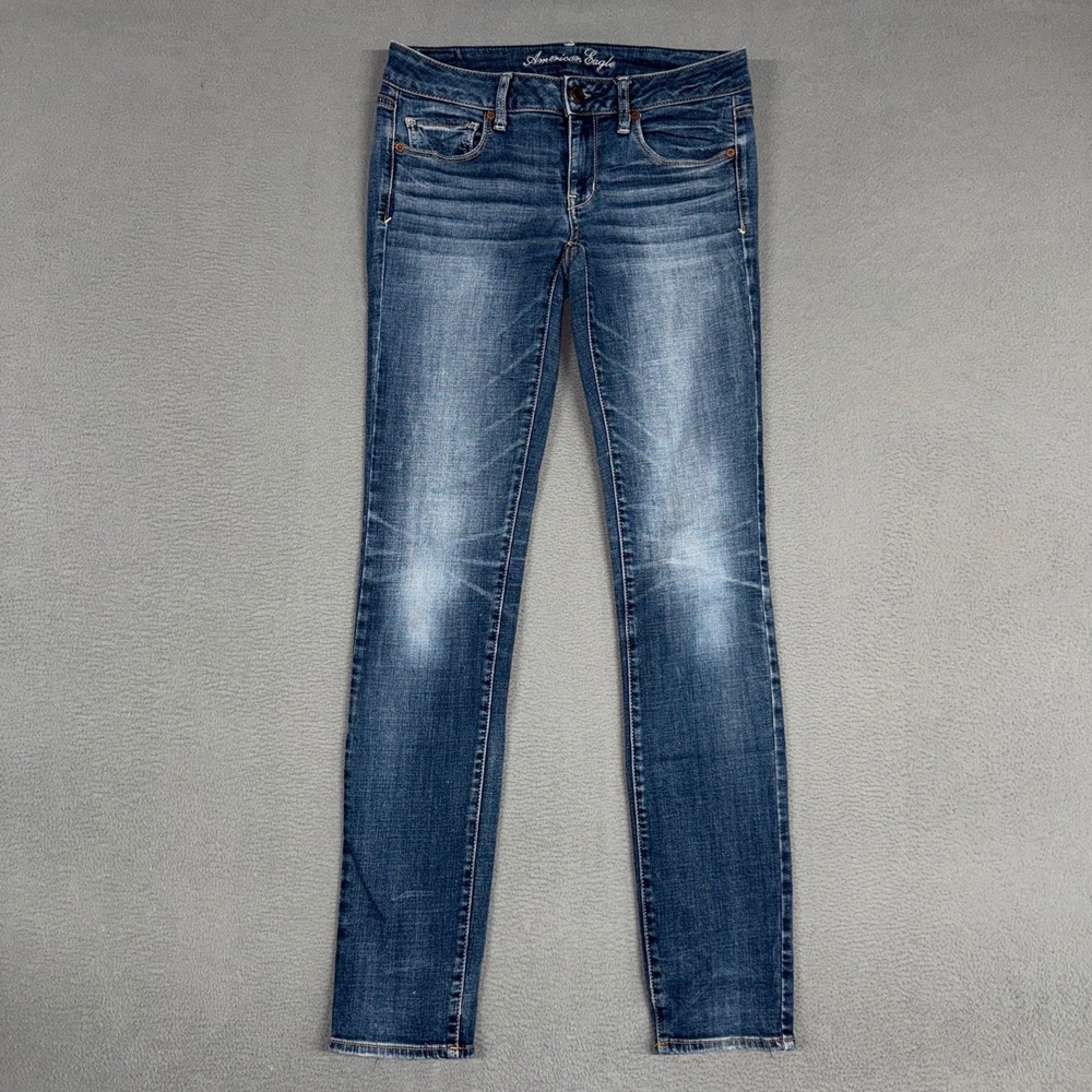 American Eagle Jeans Womens 6 Long Blue Skinny Super Stretch Whiskered Denim